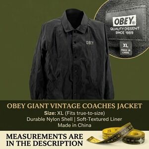 OBEY Giant Vintage Coaches Jacket Black Nylon Windbreaker Mens XL